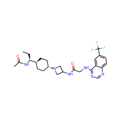 CC[C@H](NC(C)=O)[C@H]1CC[C@H](N2CC(NC(=O)CNc3ncnc4ccc(C(F)(F)F)cc34)C2)CC1 ZINC000149110873