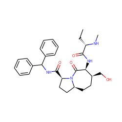 CC[C@H](NC)C(=O)N[C@@H]1C(=O)N2[C@@H](CC[C@@H]1CO)CC[C@H]2C(=O)NC(c1ccccc1)c1ccccc1 ZINC000049695304