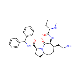 CC[C@H](NC)C(=O)N[C@@H]1C(=O)N2[C@H](CC[C@H]2C(=O)NC(c2ccccc2)c2ccccc2)CC[C@@H]1CCN ZINC000049695583