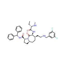 CC[C@H](NC)C(=O)N[C@@H]1C(=O)N2[C@H](CC[C@H]2C(=O)NC(c2ccccc2)c2ccccc2)CC[C@@H]1CCNCc1cc(F)cc(F)c1 ZINC000082181754