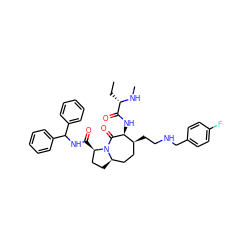 CC[C@H](NC)C(=O)N[C@@H]1C(=O)N2[C@H](CC[C@H]2C(=O)NC(c2ccccc2)c2ccccc2)CC[C@@H]1CCNCc1ccc(F)cc1 ZINC000082181767
