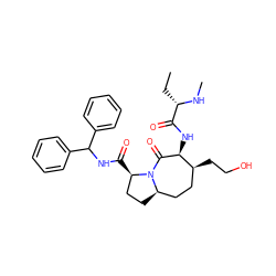 CC[C@H](NC)C(=O)N[C@@H]1C(=O)N2[C@H](CC[C@H]2C(=O)NC(c2ccccc2)c2ccccc2)CC[C@@H]1CCO ZINC000049708771