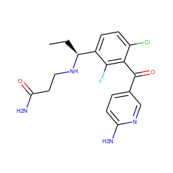 CC[C@H](NCCC(N)=O)c1ccc(Cl)c(C(=O)c2ccc(N)nc2)c1F ZINC001772596351