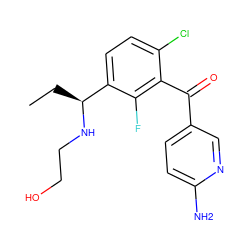 CC[C@H](NCCO)c1ccc(Cl)c(C(=O)c2ccc(N)nc2)c1F ZINC001772634245