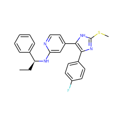 CC[C@H](Nc1cc(-c2[nH]c(SC)nc2-c2ccc(F)cc2)ccn1)c1ccccc1 ZINC000040972309