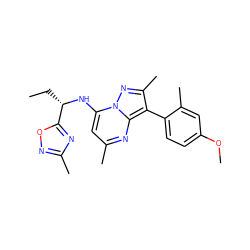 CC[C@H](Nc1cc(C)nc2c(-c3ccc(OC)cc3C)c(C)nn12)c1nc(C)no1 ZINC000034661169