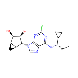 CC[C@H](Nc1nc(Cl)nc2c1ncn2[C@H]1[C@H](O)[C@H](O)[C@@H]2C[C@@H]21)C1CC1 ZINC000095556716