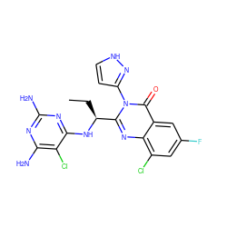 CC[C@H](Nc1nc(N)nc(N)c1Cl)c1nc2c(Cl)cc(F)cc2c(=O)n1-c1cc[nH]n1 ZINC001772615545