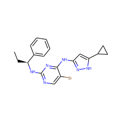 CC[C@H](Nc1ncc(Br)c(Nc2cc(C3CC3)[nH]n2)n1)c1ccccc1 ZINC000140537305