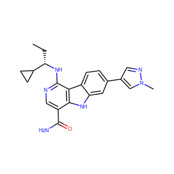 CC[C@H](Nc1ncc(C(N)=O)c2[nH]c3cc(-c4cnn(C)c4)ccc3c12)C1CC1 ZINC000072125905