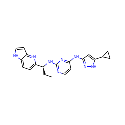 CC[C@H](Nc1nccc(Nc2cc(C3CC3)[nH]n2)n1)c1ccc2[nH]ccc2n1 ZINC000653900943