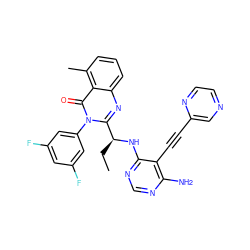 CC[C@H](Nc1ncnc(N)c1C#Cc1cnccn1)c1nc2cccc(C)c2c(=O)n1-c1cc(F)cc(F)c1 ZINC000219091847