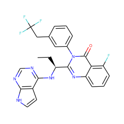 CC[C@H](Nc1ncnc2[nH]ccc12)c1nc2cccc(F)c2c(=O)n1-c1cccc(CC(F)(F)F)c1 ZINC000218570913