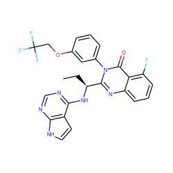 CC[C@H](Nc1ncnc2[nH]ccc12)c1nc2cccc(F)c2c(=O)n1-c1cccc(OCC(F)(F)F)c1 ZINC000218596682