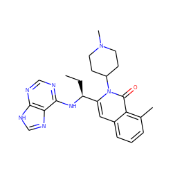 CC[C@H](Nc1ncnc2[nH]cnc12)c1cc2cccc(C)c2c(=O)n1C1CCN(C)CC1 ZINC000088345795