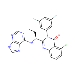 CC[C@H](Nc1ncnc2[nH]cnc12)c1nc2cccc(Cl)c2c(=O)n1-c1cc(F)cc(F)c1 ZINC000013986650