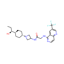 CC[C@H](O)[C@H]1CC[C@H](N2CC(NC(=O)CNc3nccc4ncc(C(F)(F)F)cc34)C2)CC1 ZINC000261182543