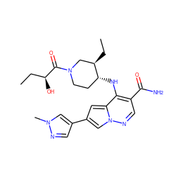 CC[C@H](O)C(=O)N1CC[C@@H](Nc2c(C(N)=O)cnn3cc(-c4cnn(C)c4)cc23)[C@H](CC)C1 ZINC000203801936