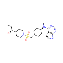 CC[C@H](O)C1CCN(S(=O)(=O)C[C@H]2CC[C@H](N(C)c3ncnc4[nH]ccc34)CC2)CC1 ZINC000261141624