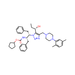 CC[C@H](O)c1c(CN2CCN(c3cc(C)ccc3C)CC2)nnn1[C@@H](Cc1ccccc1)[C@H](Cc1ccccc1)NC(=O)OC1CCCC1 ZINC000049592936