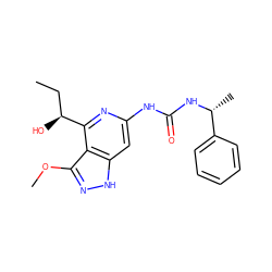 CC[C@H](O)c1nc(NC(=O)N[C@H](C)c2ccccc2)cc2[nH]nc(OC)c12 ZINC000209357274