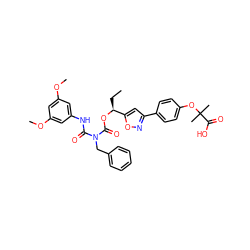 CC[C@H](OC(=O)N(Cc1ccccc1)C(=O)Nc1cc(OC)cc(OC)c1)c1cc(-c2ccc(OC(C)(C)C(=O)O)cc2)no1 ZINC000220931095