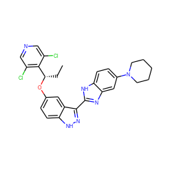 CC[C@H](Oc1ccc2[nH]nc(-c3nc4cc(N5CCCCC5)ccc4[nH]3)c2c1)c1c(Cl)cncc1Cl ZINC000653829556