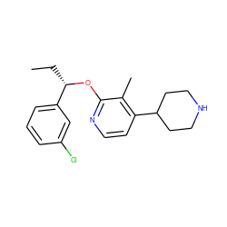 CC[C@H](Oc1nccc(C2CCNCC2)c1C)c1cccc(Cl)c1 ZINC000040938889