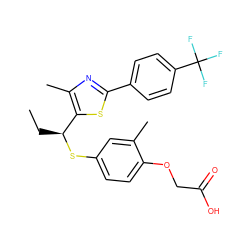 CC[C@H](Sc1ccc(OCC(=O)O)c(C)c1)c1sc(-c2ccc(C(F)(F)F)cc2)nc1C ZINC000084726566