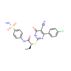 CC[C@H](Sc1nc(-c2ccc(Cl)cc2)c(C#N)c(=O)[nH]1)C(=O)Nc1ccc(S(N)(=O)=O)cc1 ZINC000096269981