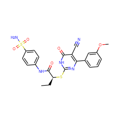 CC[C@H](Sc1nc(-c2cccc(OC)c2)c(C#N)c(=O)[nH]1)C(=O)Nc1ccc(S(N)(=O)=O)cc1 ZINC000002758482