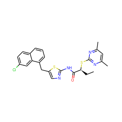 CC[C@H](Sc1nc(C)cc(C)n1)C(=O)Nc1ncc(Cc2cccc3ccc(Cl)cc23)s1 ZINC000653708064