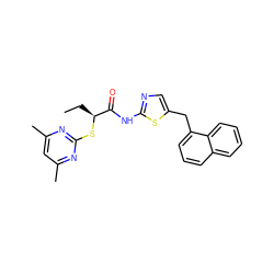 CC[C@H](Sc1nc(C)cc(C)n1)C(=O)Nc1ncc(Cc2cccc3ccccc23)s1 ZINC000653708048