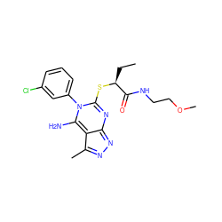 CC[C@H](Sc1nc2nnc(C)c-2c(N)n1-c1cccc(Cl)c1)C(=O)NCCOC ZINC000100459922