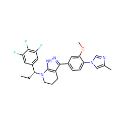 CC[C@H](c1cc(F)c(F)c(F)c1)N1CCCc2c(-c3ccc(-n4cnc(C)c4)c(OC)c3)n[nH]c21 ZINC000066112119