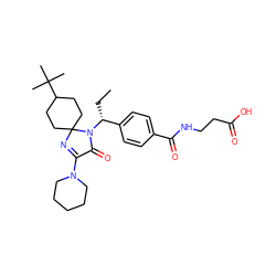 CC[C@H](c1ccc(C(=O)NCCC(=O)O)cc1)N1C(=O)C(N2CCCCC2)=NC12CCC(C(C)(C)C)CC2 ZINC000146435667