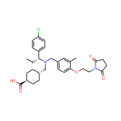 CC[C@H](c1ccc(Cl)cc1)N(Cc1ccc(OCCN2C(=O)CCC2=O)c(C)c1)C[C@H]1CC[C@H](C(=O)O)CC1 ZINC000473228734