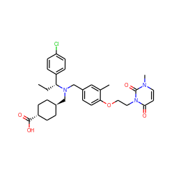 CC[C@H](c1ccc(Cl)cc1)N(Cc1ccc(OCCn2c(=O)ccn(C)c2=O)c(C)c1)C[C@H]1CC[C@H](C(=O)O)CC1 ZINC000473228813