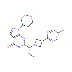 CC[C@H](c1nc2c(cnn2C2CCOCC2)c(=O)[nH]1)N1CC(c2ncc(C)cn2)C1 ZINC000116981213