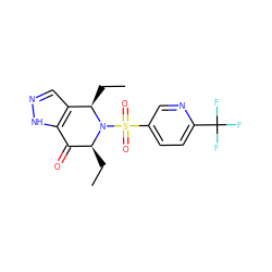 CC[C@H]1C(=O)c2[nH]ncc2[C@@H](CC)N1S(=O)(=O)c1ccc(C(F)(F)F)nc1 ZINC000049037087