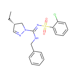 CC[C@H]1C=NN(/C(=N/S(=O)(=O)c2ccccc2Cl)NCc2ccccc2)C1 ZINC000072139625