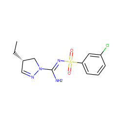 CC[C@H]1C=NN(/C(N)=N/S(=O)(=O)c2cccc(Cl)c2)C1 ZINC000072124750