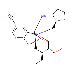 CC[C@H]1C[C@@]2(CC[C@@H]1OC)Cc1ccc(C#N)cc1[C@]21N=C(N)N(C[C@H]2CCCO2)C1=O ZINC000143443718