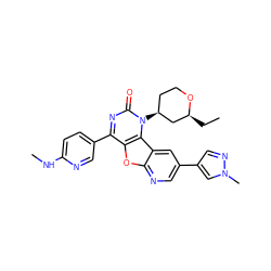 CC[C@H]1C[C@@H](n2c(=O)nc(-c3ccc(NC)nc3)c3oc4ncc(-c5cnn(C)c5)cc4c32)CCO1 ZINC000103131378