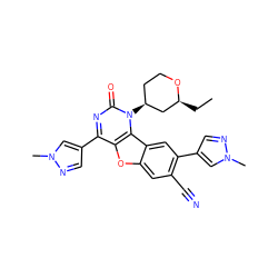 CC[C@H]1C[C@@H](n2c(=O)nc(-c3cnn(C)c3)c3oc4cc(C#N)c(-c5cnn(C)c5)cc4c32)CCO1 ZINC000096907431