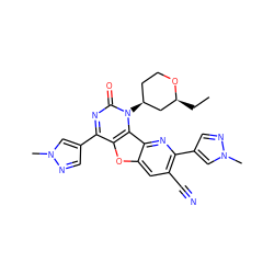 CC[C@H]1C[C@@H](n2c(=O)nc(-c3cnn(C)c3)c3oc4cc(C#N)c(-c5cnn(C)c5)nc4c32)CCO1 ZINC000096907432