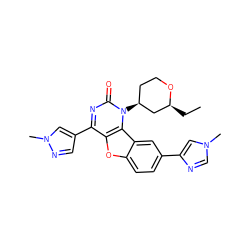 CC[C@H]1C[C@@H](n2c(=O)nc(-c3cnn(C)c3)c3oc4ccc(-c5cn(C)cn5)cc4c32)CCO1 ZINC000096907435