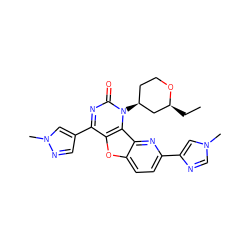 CC[C@H]1C[C@@H](n2c(=O)nc(-c3cnn(C)c3)c3oc4ccc(-c5cn(C)cn5)nc4c32)CCO1 ZINC000096907416