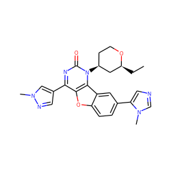 CC[C@H]1C[C@@H](n2c(=O)nc(-c3cnn(C)c3)c3oc4ccc(-c5cncn5C)cc4c32)CCO1 ZINC000096907434