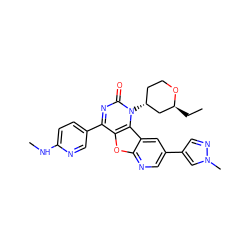 CC[C@H]1C[C@H](n2c(=O)nc(-c3ccc(NC)nc3)c3oc4ncc(-c5cnn(C)c5)cc4c32)CCO1 ZINC000103131374